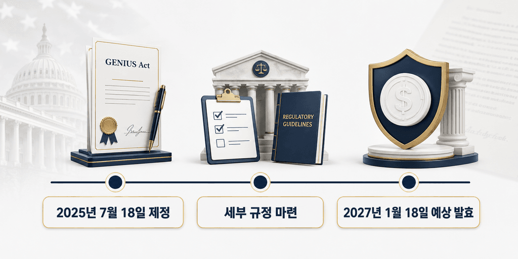 미국 지니어스법 제정과 예상 발효 시기를 나타낸 일정