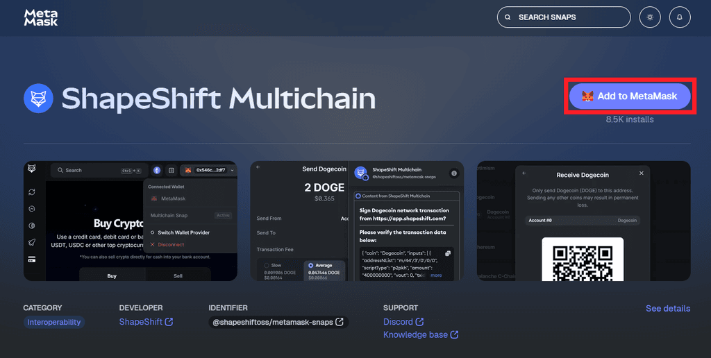 ShapeShift Multichain Snap의 Add to MetaMask 버튼