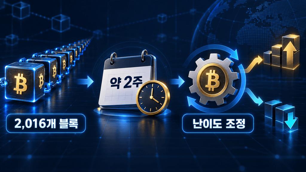 비트코인 2,016개 블록과 약 2주 주기의 채굴 난이도 조정 과정