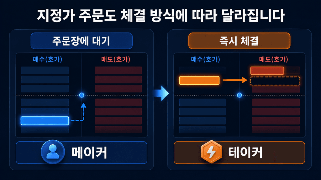 지정가 주문이 메이커 또는 테이커로 체결되는 방식