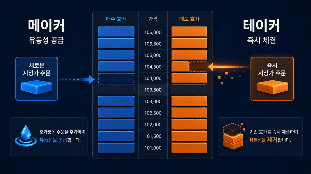 메이커의 유동성 공급과 테이커의 즉시 체결 차이