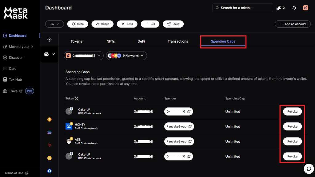 MetaMask Portfolio Spending Caps에서 토큰 승인 권한을 취소하는 화면