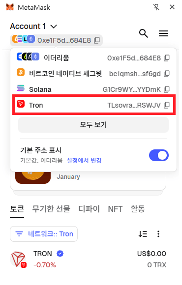 메타마스크 멀티체인 계정에서 Tron 주소를 확인하는 실제 화면