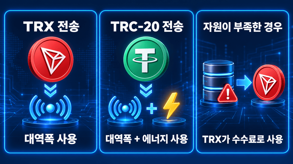 TRX와 TRC-20 전송에 사용되는 대역폭과 에너지 차이