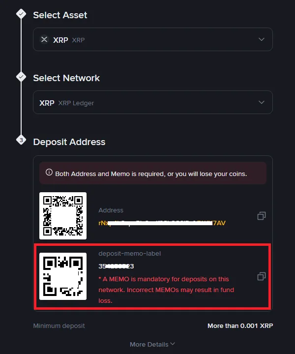 거래소 XRP Ledger 입금 주소와 Memo로 표시된 데스티네이션 태그 확인 화면