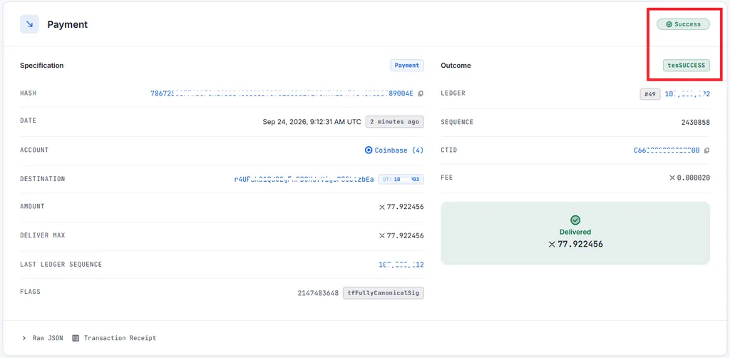 XRPScan에서 XRP 거래의 Success 상태와 tesSUCCESS 및 데스티네이션 태그를 확인한 화면