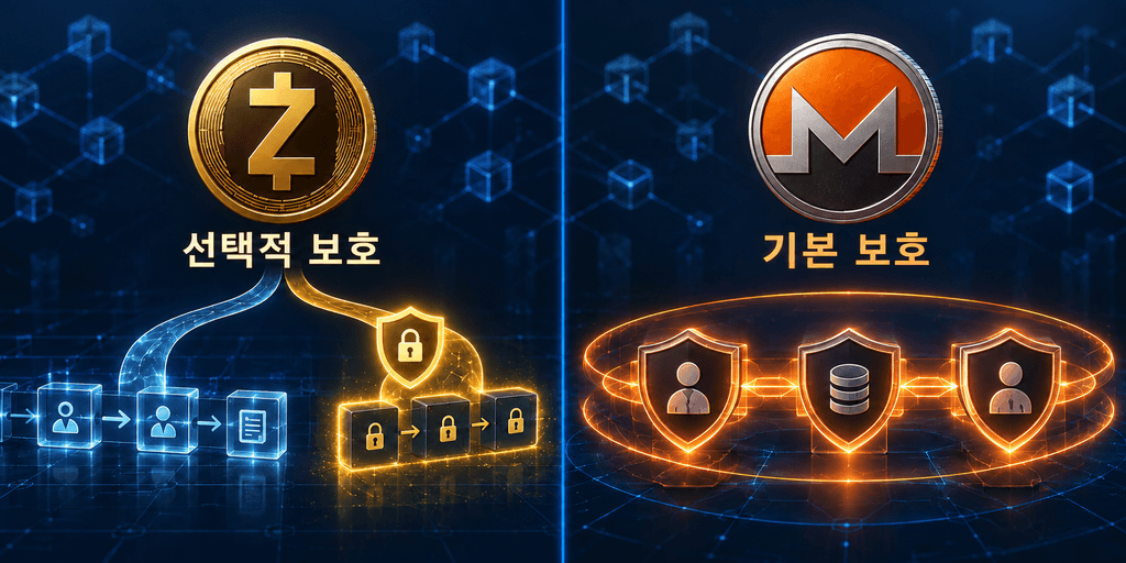 지캐시의 선택적 보호와 모네로의 기본 보호 방식 비교